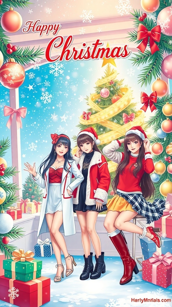 K-Pop idols in festive outfits celebrating Christmas with decorations and snowflakes.